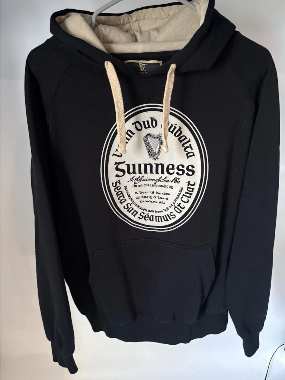 Guinness Black Hoodie with Cream Lining and Drawstrings